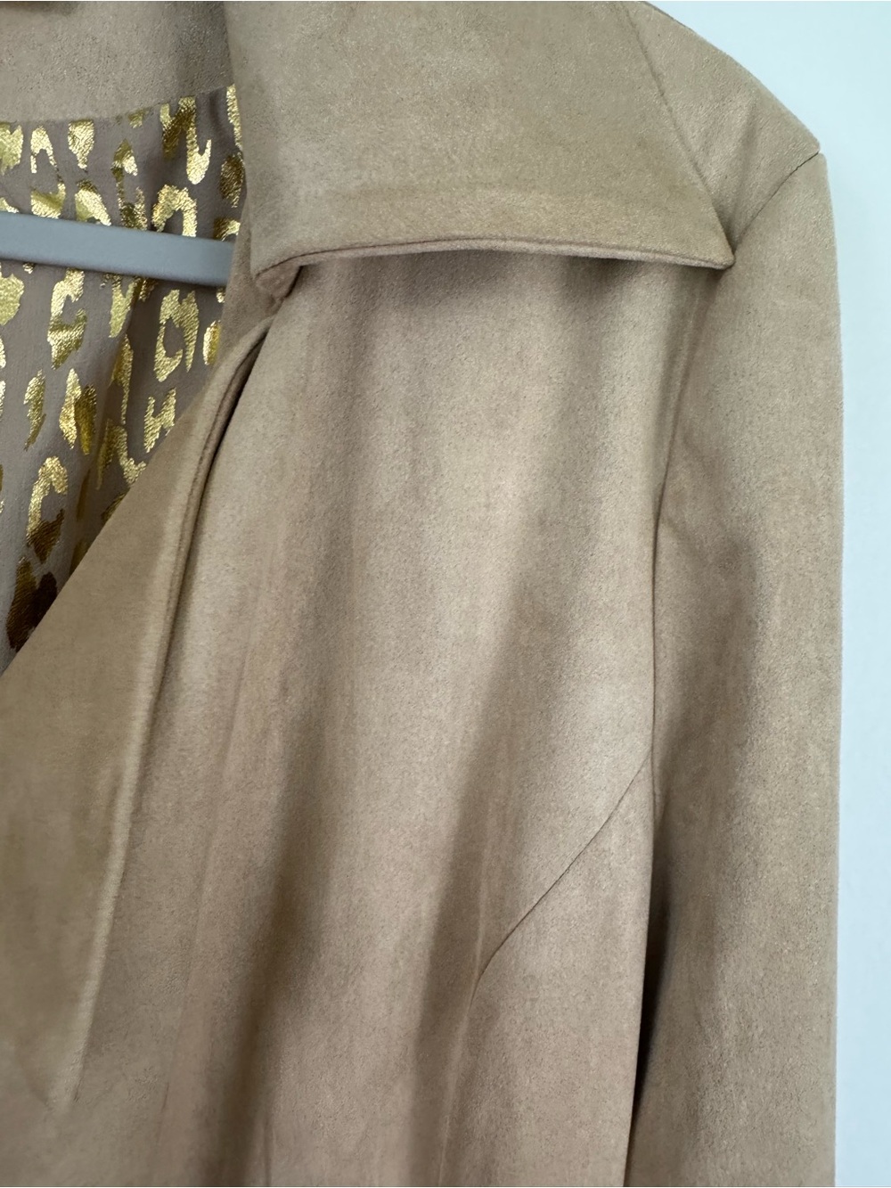 Judith March Taupe Faux Suede Waterfall Jacket Leopard Lining Faux Fur Cuffs L - Picture 12 of 16